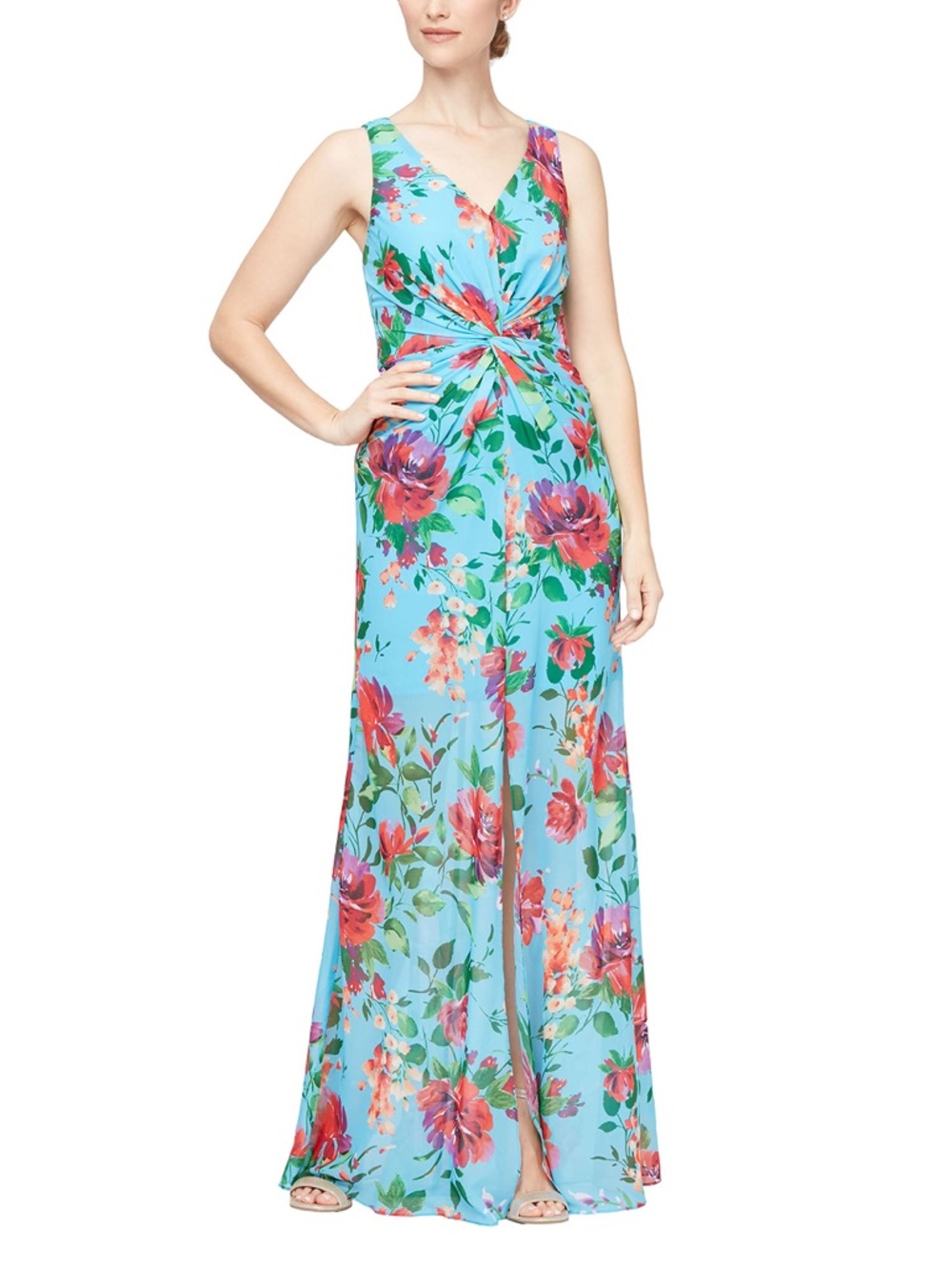 SLNY Floral Twist-Front Blue Maxi Dress